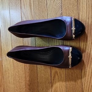 Tory Burch Brown and Black Leather Wedge Pumps with Gold Accent